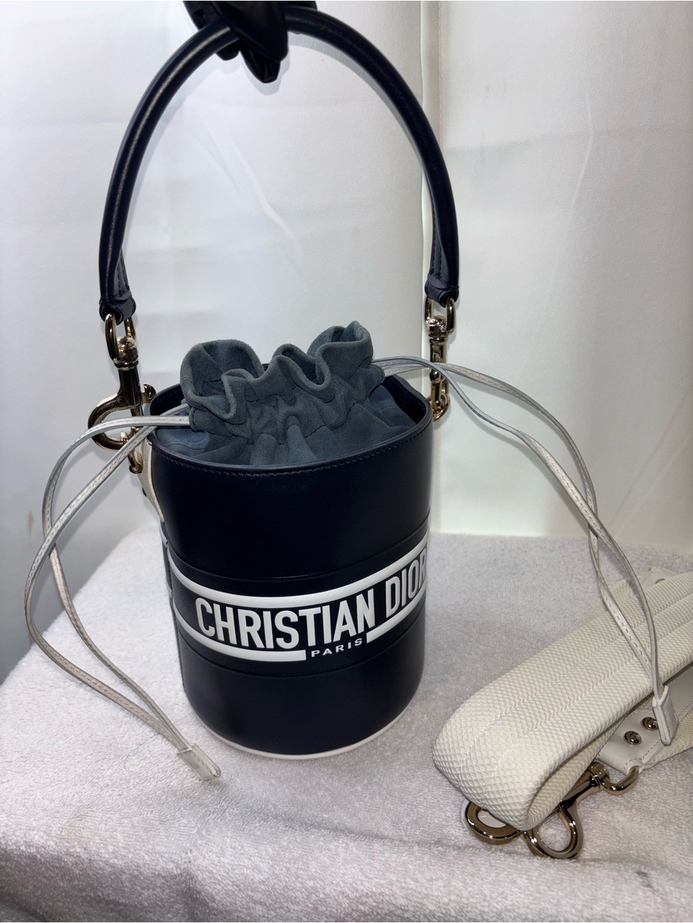 Christian Dior Navy Blue Leather Vibe Bucket Bag with white Logo Drawstring